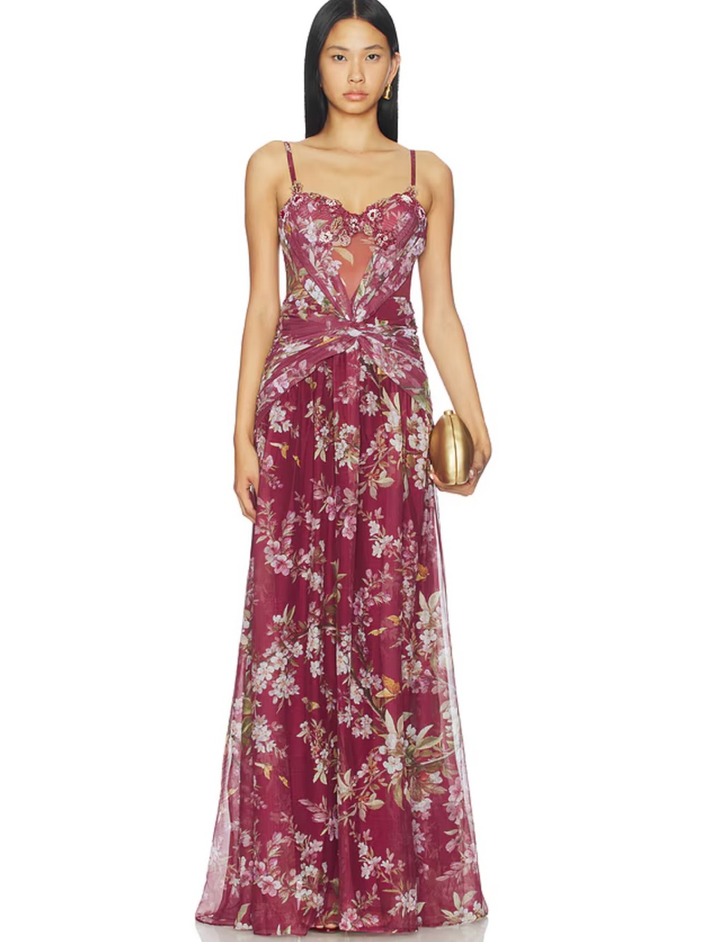 PatBO Delicata Beaded Gown in Dark Red NEW